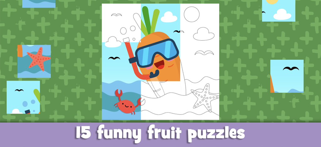 Juego de rompecabezas de frutas para niños pequeños con una zanahoria de dibujos animados con equipo de buceo bajo el agua.