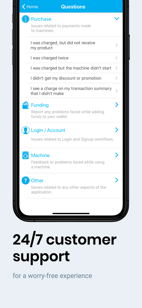 Tela de suporte ao cliente do aplicativo móvel PayRange com categorias de ajuda