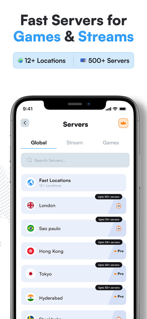 VPN Express app interface showing global server locations for high speed gaming and streaming