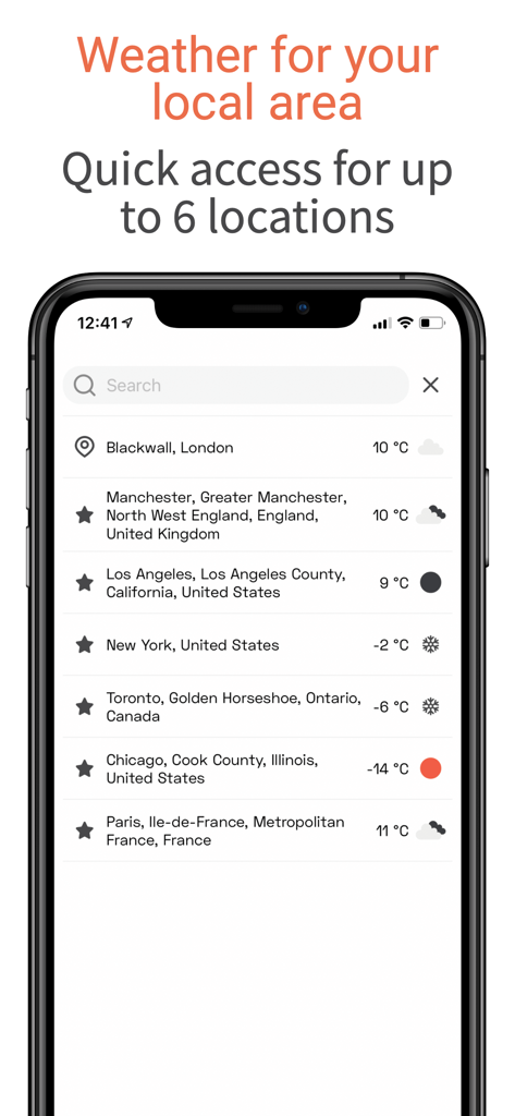 OpenWeather - OpenWeatherアプリのスクリーンショット。保存された複数の都市の天気予報を表示。