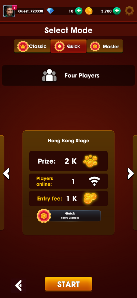 RUDU Dice Game - RUDU Dice Game mode selection screen showing Classic Quick and Master modes with Hong Kong Stage details