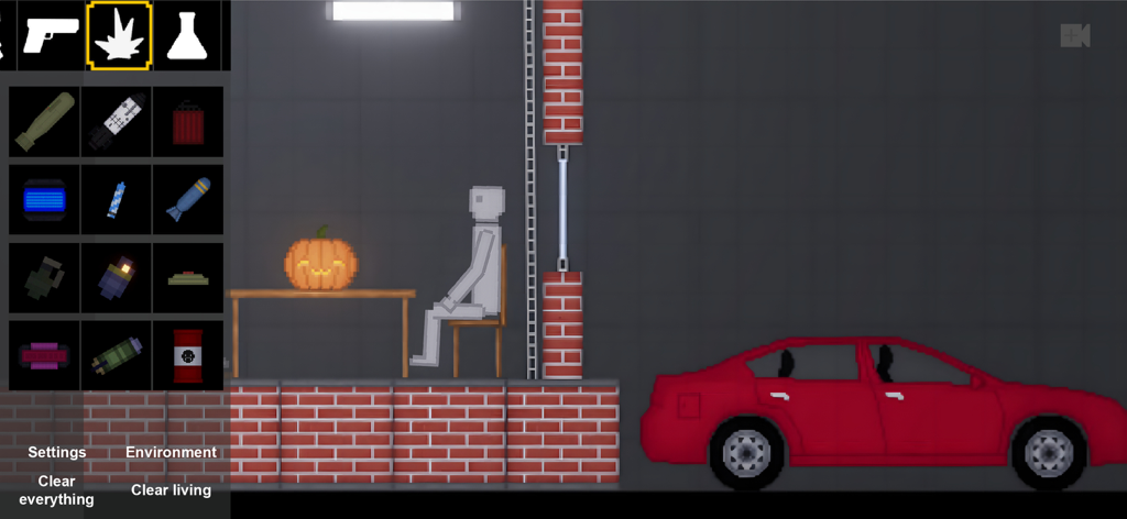 Captura de pantalla de juego de People Playground mostrando un muñeco de trapo en una mesa y un coche rojo.