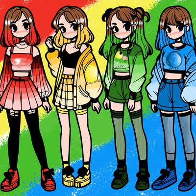 one girl with crop-top shirt and a jacket with a skirt, long socks and another girl with a shirt and pants with a jacket