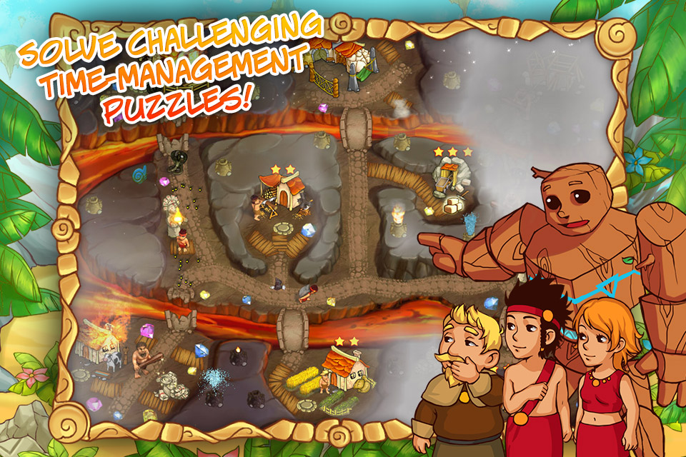 Island Tribe 5 - Island Tribe 5 gameplay showing time-management puzzles on a volcanic map with cartoon characters.