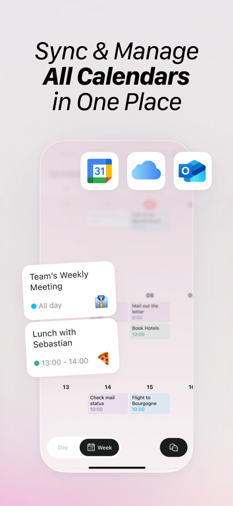 Oberfläche des Toki AI Kalenders, die die einheitliche Verwaltung von Google-, Apple- und Outlook-Konten zeigt