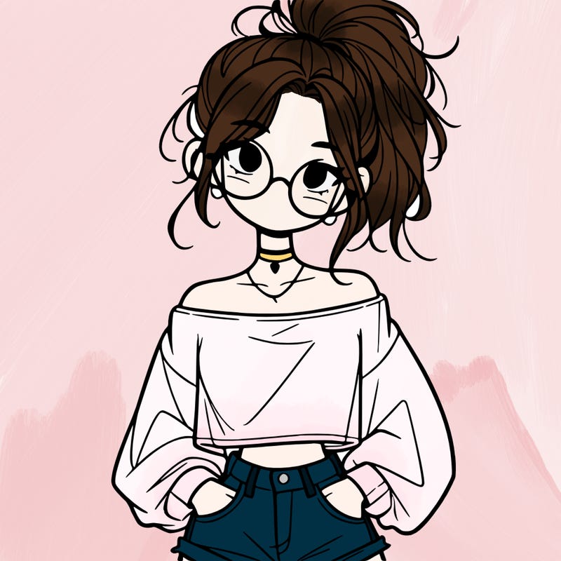 girl with a messy ponytail glasses a baggy crop top and jean shorts