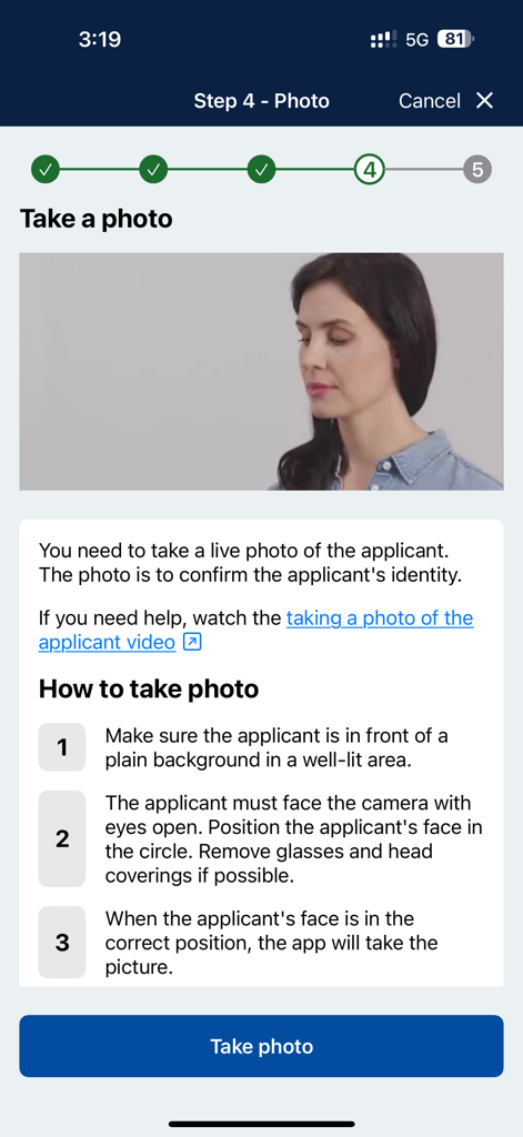 Instructions for taking a live facial photo for identity verification in the Australian Immi App