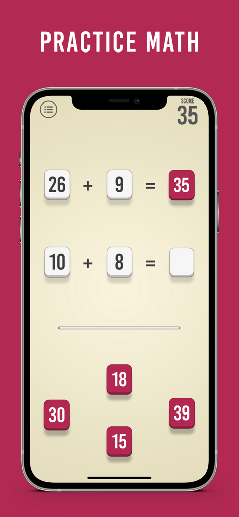 Pantalla de práctica de sumas de la app Math Bits mostrando ejercicios de cálculo mental