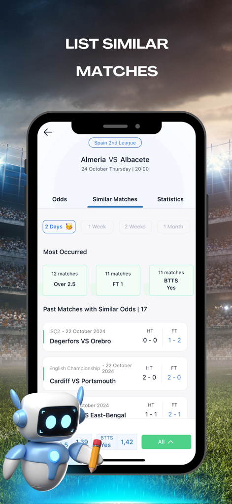 TipsPro AI: Match Prediction - Interface of TipsPro AI app showing historical data and similar match statistics for informed sports betting.