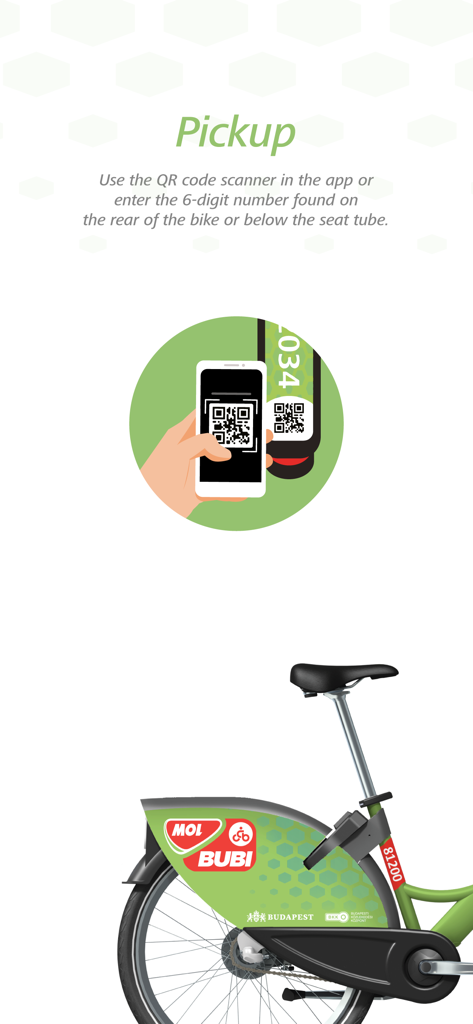 Smartphone escaneando um código QR em uma bicicleta MOL Bubi para retirada