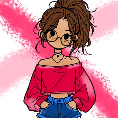 girl with a messy ponytail glasses a baggy crop top and jean shorts