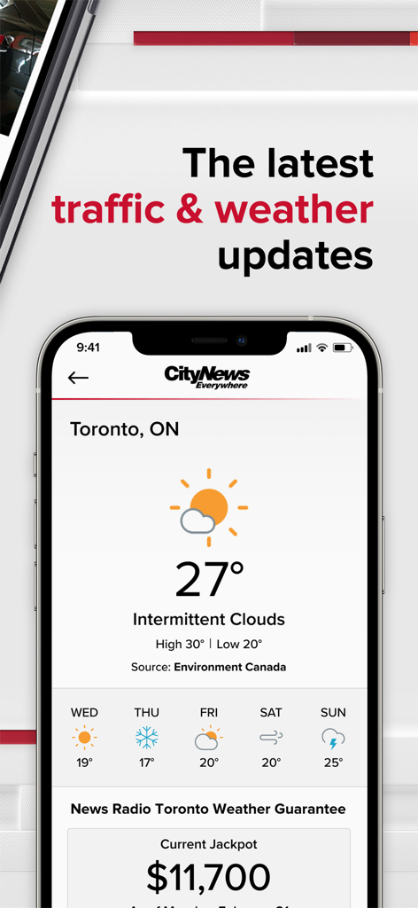 CityNews - CityNews mobile app interface showing current weather and five day forecast for Toronto