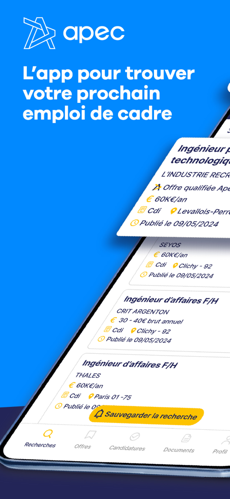 Apec : offres d’emploi cadres - Apec mobile app interface displaying executive job listings and career search options