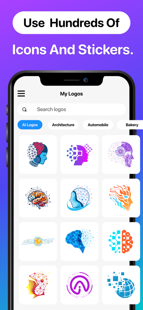 Logo Maker and AI Logo Creator - Una biblioteca de iconos y pegatinas de logos con temática de IA mostrada en una interfaz de teléfono móvil