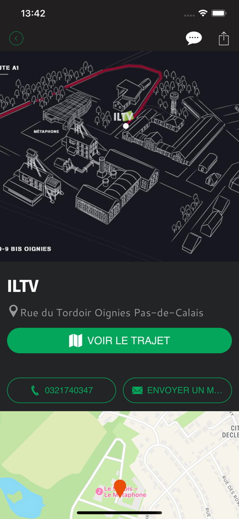 ILTV + - ILTv plusアプリの位置情報と連絡先画面、Oigniesの地図と住所が表示されています