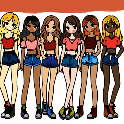 a group of girls wearing crop tops and shorts