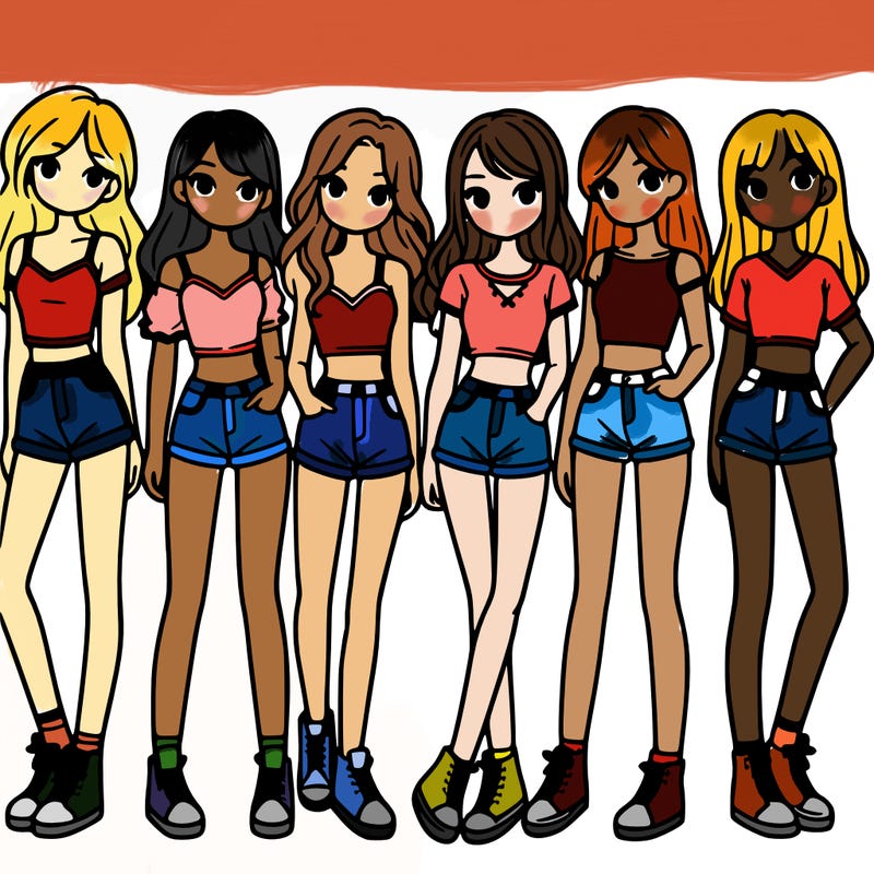 a group of girls wearing crop tops and shorts