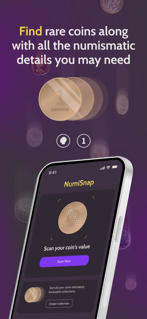 NumiSnap: Coin Value ID - Smartphone exibindo a interface do aplicativo NumiSnap para identificar moedas raras e gerenciar coleções digitais