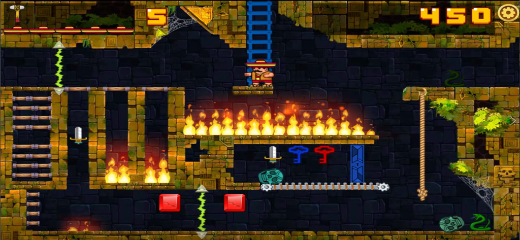 Montezumas Revengeのモダングラフィックモードで、パナマ・ジョーが火の罠と鍵のある部屋をナビゲートしています。