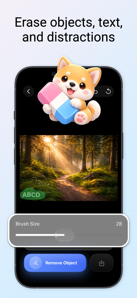 Object Removal: AI Smart Erase - 사진에서 객체 및 텍스트를 제거하기 위한 AI 스마트 지우개 모바일 앱 인터페이스