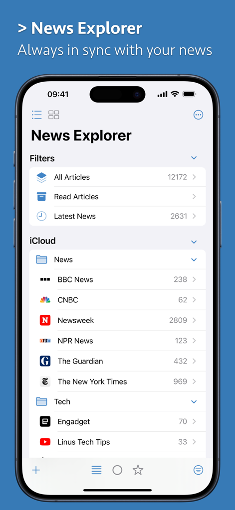 News Explorer app interface on an iPhone showing a list of news sources including BBC News and The New York Times with unread article counts
