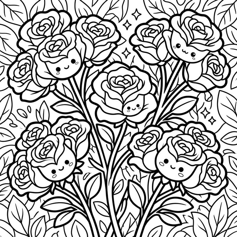 Dive into the sweet world of Kawaii Grandiflora Roses with this delightful coloring template. Each bloom features an adorable face, ready for you to bring to life with your favorite colors.