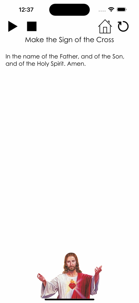 My Chaplet of Divine Mercy - Una pantalla de oración en la aplicación Mi Rosario de la Divina Misericordia que muestra el Signo de la Cruz y una imagen de Jesucristo.