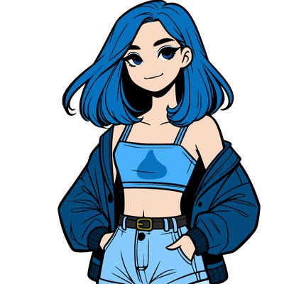 a realistic girl with a crop top and short shorts in an open jacket