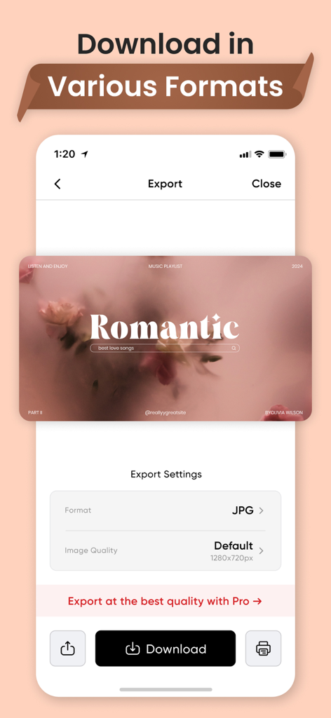Thumbnail Maker For YT studios - Pantalla de configuración de exportación en la aplicación Thumbnail Maker que muestra el formato de imagen y las opciones de calidad para una portada de lista de reproducción de música.