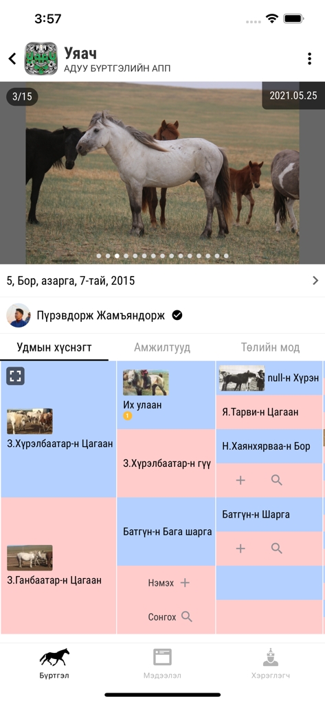 Interfaz de la aplicación móvil mostrando un gráfico visual de pedigrí de caballos y registros de linaje de cría.