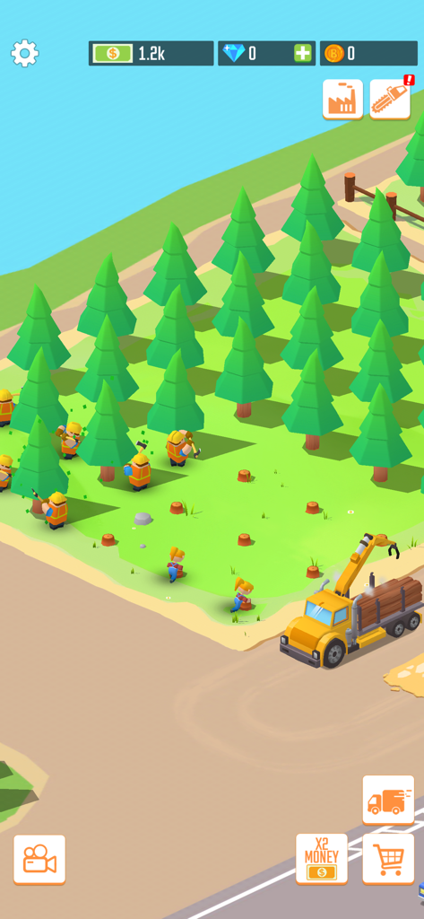 A low-poly 3D gameplay scene in Idle Lumber Empire showing lumberjacks harvesting trees and workers replanting the forest next to a log truck.