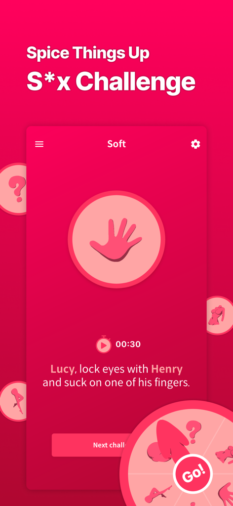 Body Roulette : Sex Roulette - Ein Screenshot der Body Roulette App-Oberfläche, der eine sanfte Intimitäts-Herausforderung für ein Paar mit einem 30-Sekunden-Timer zeigt.