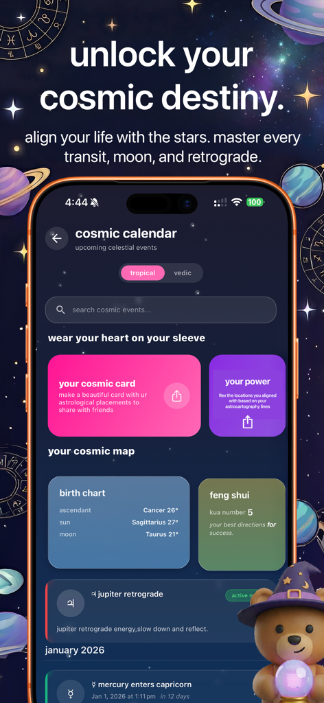 yap: dream astrology journal - A cosmic calendar and birth chart screen within the yap astrology journal mobile app.