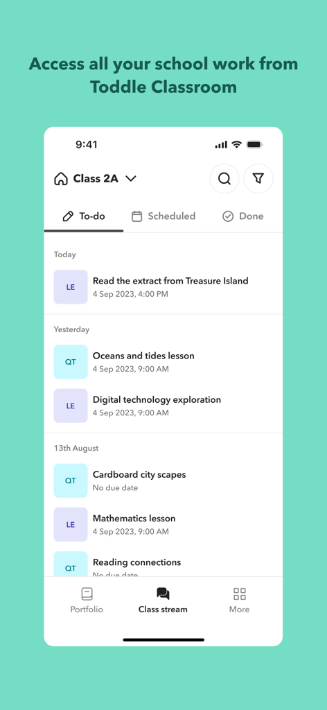Toddle Student - Toddle Student app interface showing a list of school assignments and tasks in the classroom section
