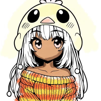 anime girl with chick shaped hat with sweater with bare shoulders with bangs covering them one eye with low tail