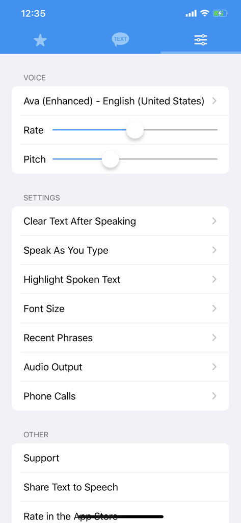 Text to Speech! - Text to Speech アプリの設定メニュー。音声選択と、レートとピッチ調整のスライダーが表示されます。