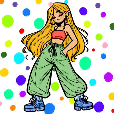 girl in baggy pants crop top and long hair