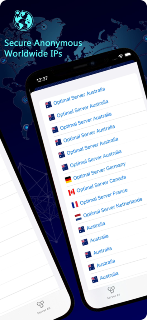 Power VPN : Secure VPN Proxy - Lista de ubicaciones de servidores VPN en todo el mundo en la interfaz de la aplicación Power VPN