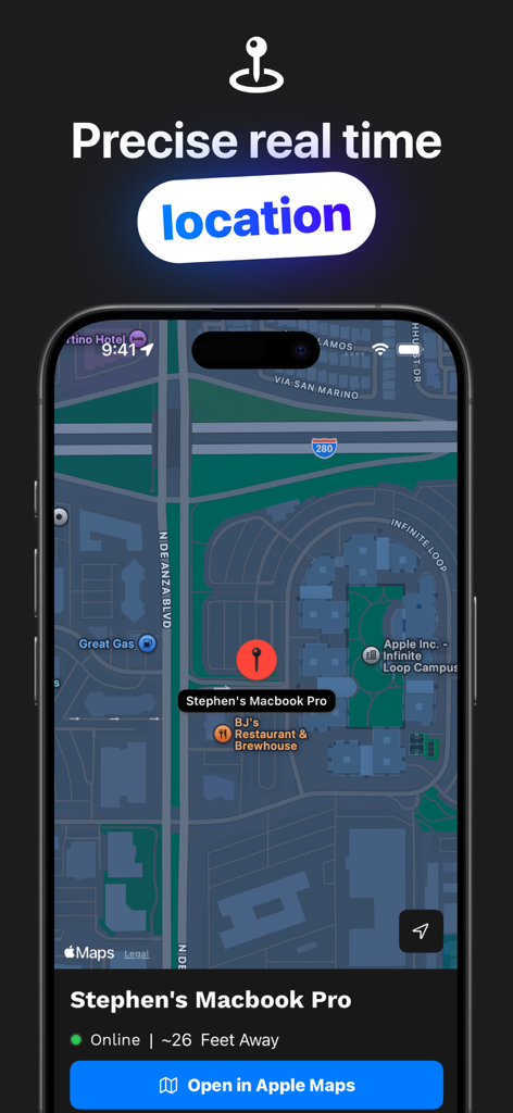 Interfaz de la aplicación TrackIt mostrando la ubicación precisa en tiempo real de un Macbook Pro perdido en un mapa