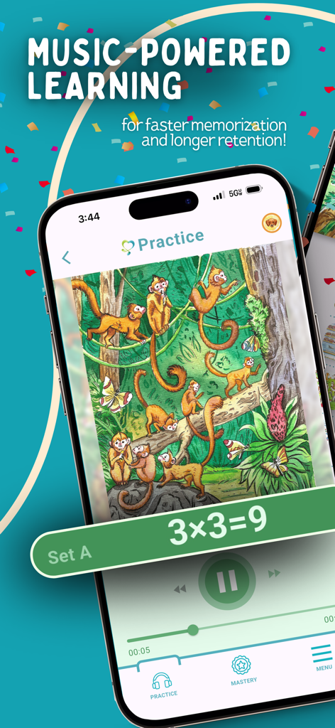 Musical Multiplication - Interface of the Musical Multiplication app displaying a jungle illustration and the math equation three times three equals nine