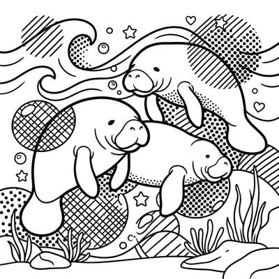 Immerse yourself in an exciting underwater scene with our unique Pop Art Manatees and Dugongs coloring page. This design beautifully combines the gentle nature of sea cows with the dynamic, retro feel of Pop Art.
