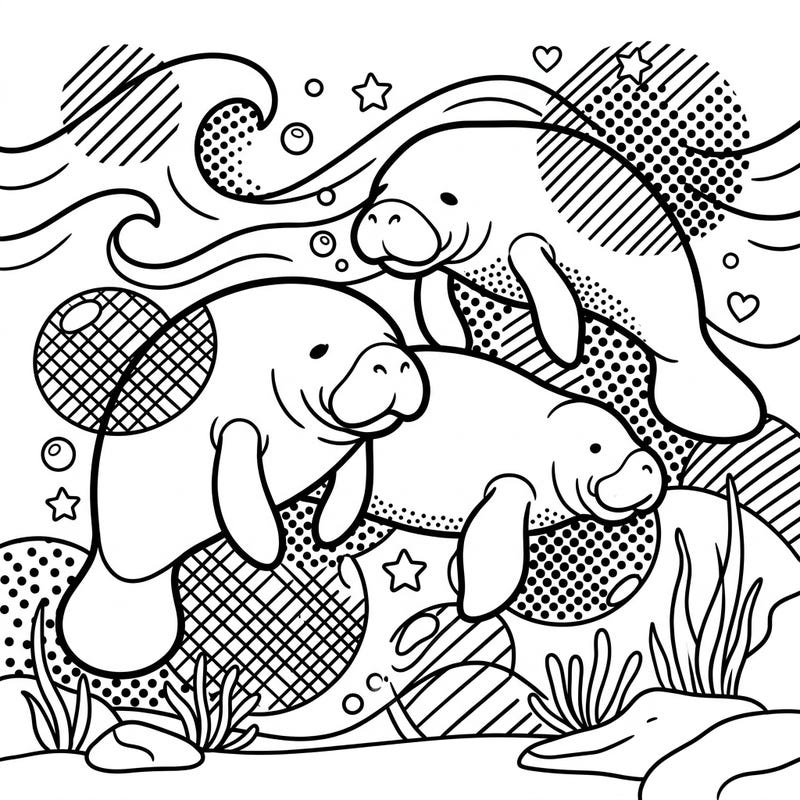 Immerse yourself in an exciting underwater scene with our unique Pop Art Manatees and Dugongs coloring page. This design beautifully combines the gentle nature of sea cows with the dynamic, retro feel of Pop Art.