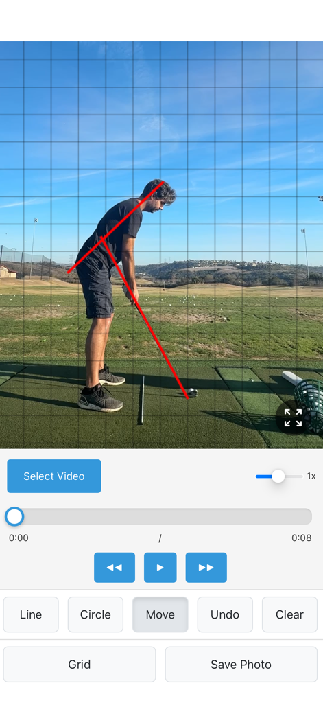 SwingDraw - A golfer using the SwingDraw app to analyze swing mechanics with a grid overlay and red drawing tools.
