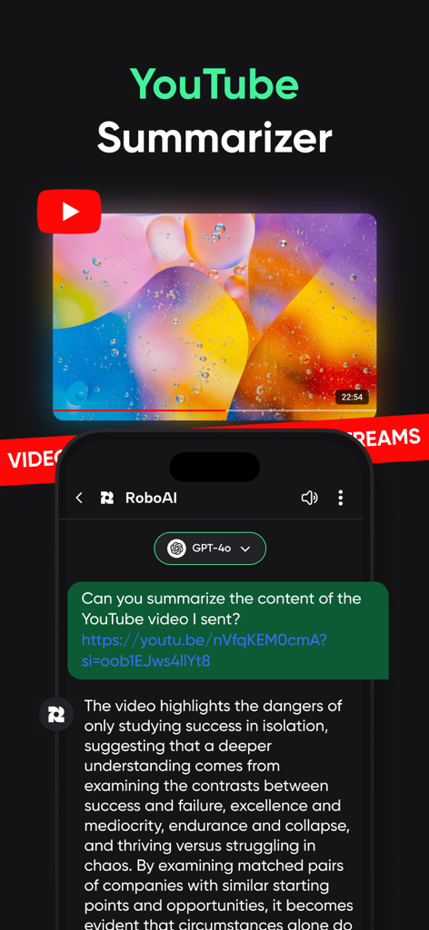 RoboAI - Chat & Ask AI Chatbot - A screenshot of RoboAI app featuring the YouTube video summarizer tool using the GPT-4o model