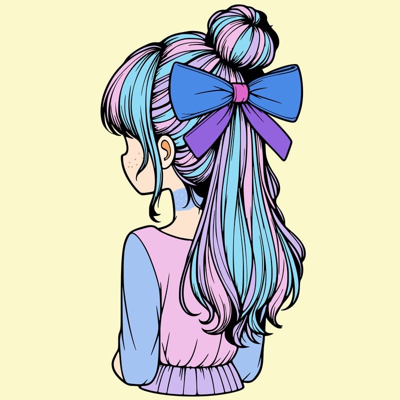 realistic girl  with hip length hair a bun and a big bow on the back of head