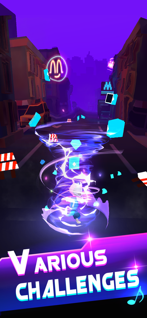 Blade Master : Beat The Music - Sonic Cat character spinning in a glowing purple whirlwind during a city level in Blade Master Beat The Music rhythm game
