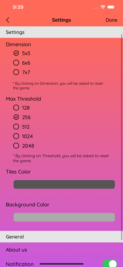2048 Game & Maths Tables - Menú de configuración para el juego de matemáticas 2048 que muestra opciones para las dimensiones de la cuadrícula y el umbral máximo