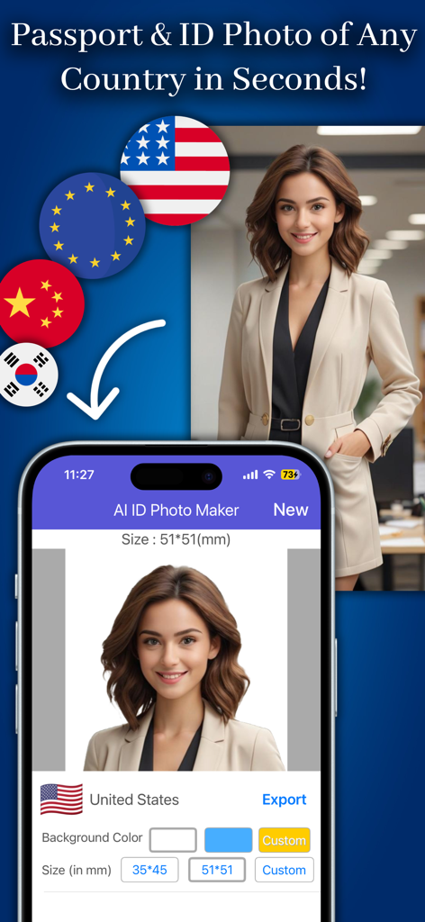 Interface d'application mobile montrant la création de photos d'identité pour passeport américain par IA