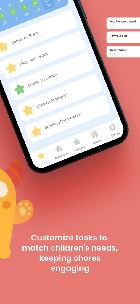 Star Reward Charts - Une capture d'écran de l'application Star Reward Charts montrant une liste de corvées personnalisables pour les enfants avec des tâches quotidiennes et des récompenses en étoiles
