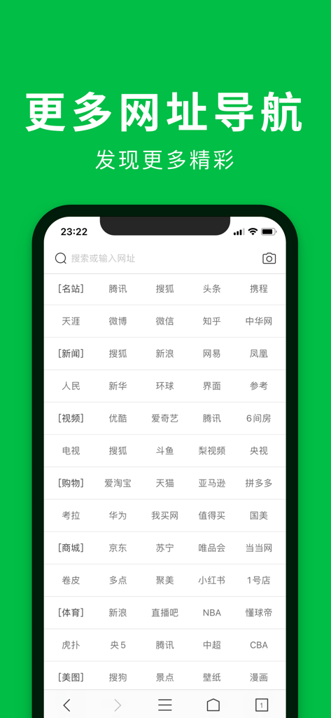 Screenshot of the Speed Browser app showing a categorized directory of popular Chinese websites for news, video, and shopping.